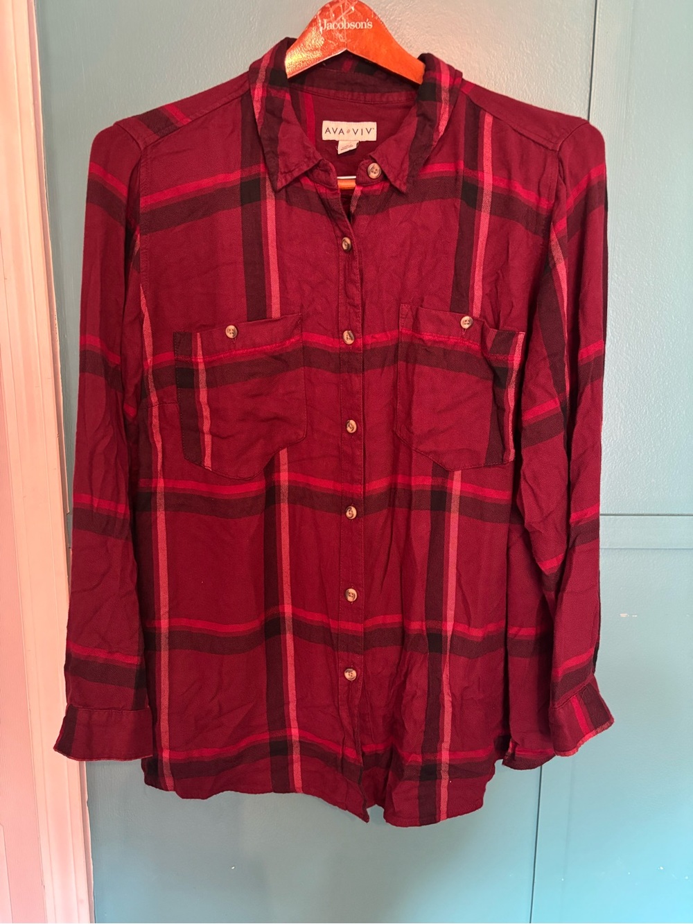 Ava & Viv Women's Burgundy Plaid Button-Down Shirt Size 1X